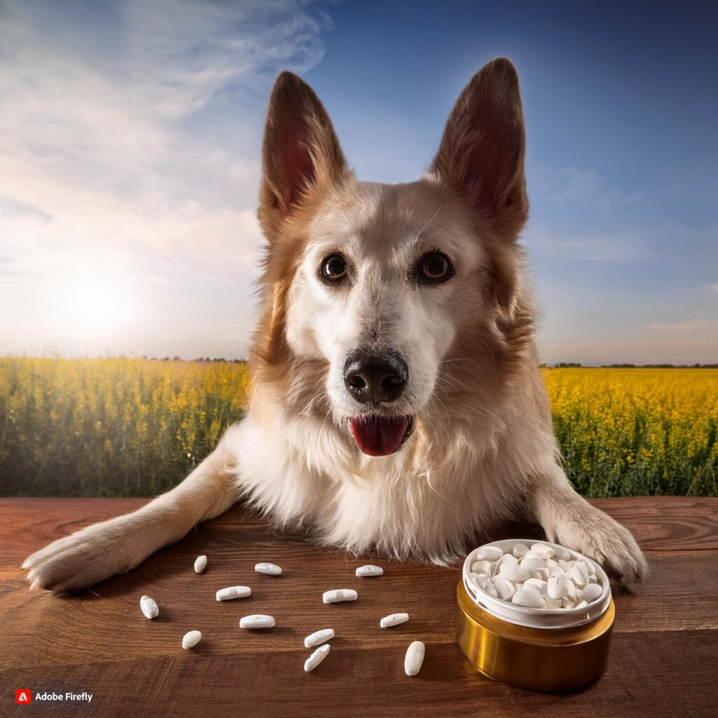 dog with probiotics on a table